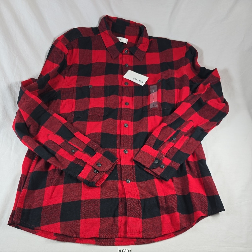 NWT Sonoma Shirt Mens Large Red Plaid Super Soft Flannel Button Down Long Sleeve